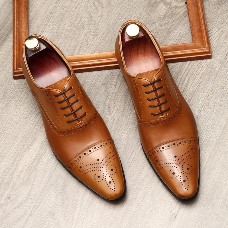 Men's Pointed Cap Toe Dress Shoes: Burnished Tan Artisan Brogue Oxfordsyes