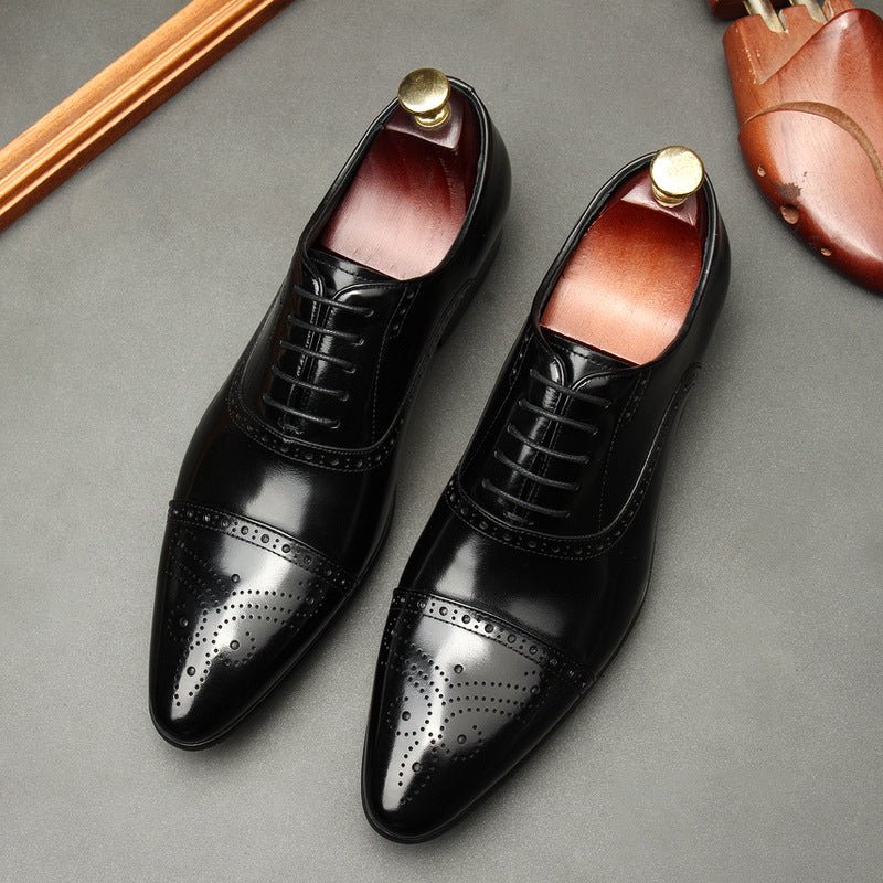Men's Pointed Cap Toe Dress Shoes: Burnished Tan Artisan Brogue Oxfordsyes
