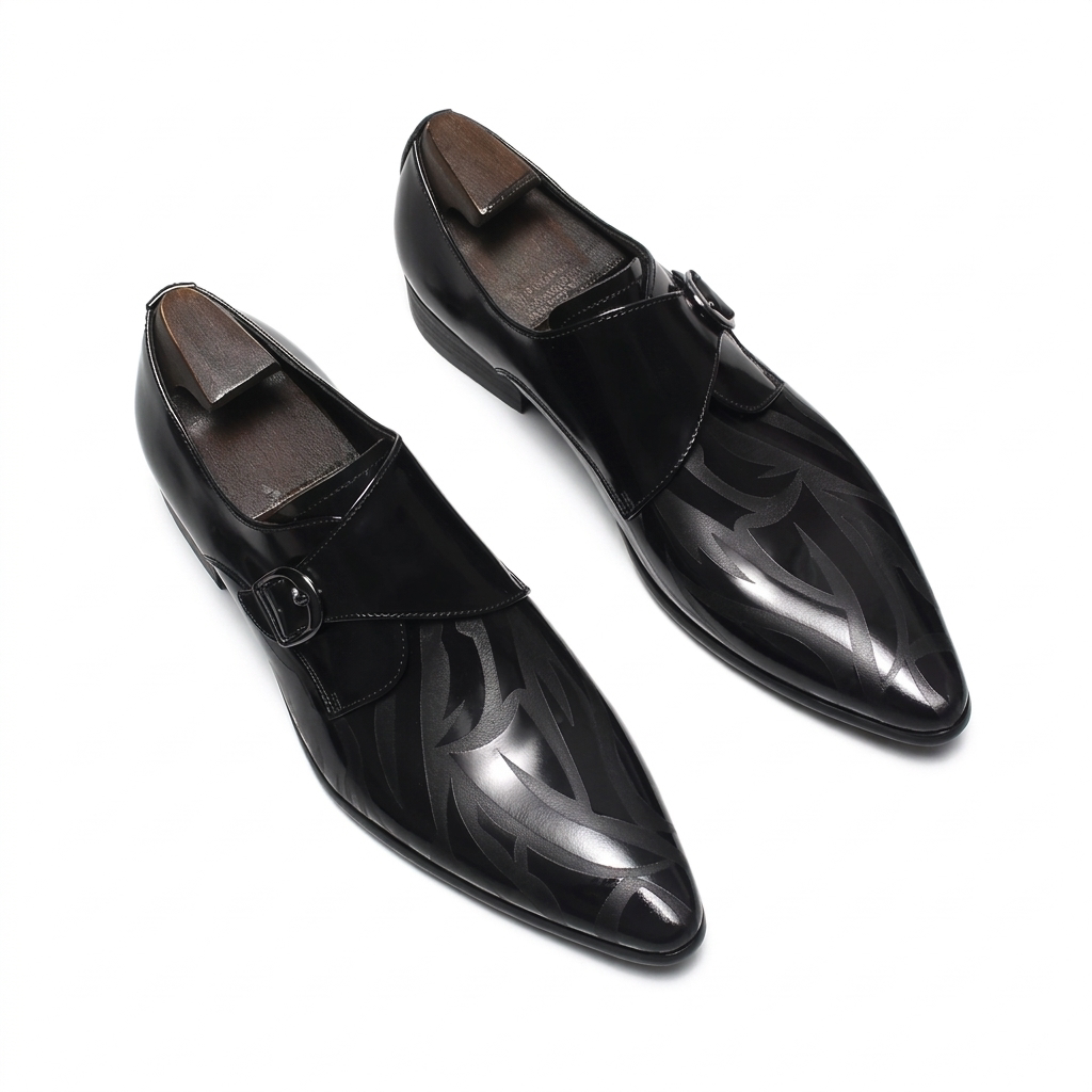 Men's black premium genuine leather single monk strap shoes with silver buckle for business formal wear.