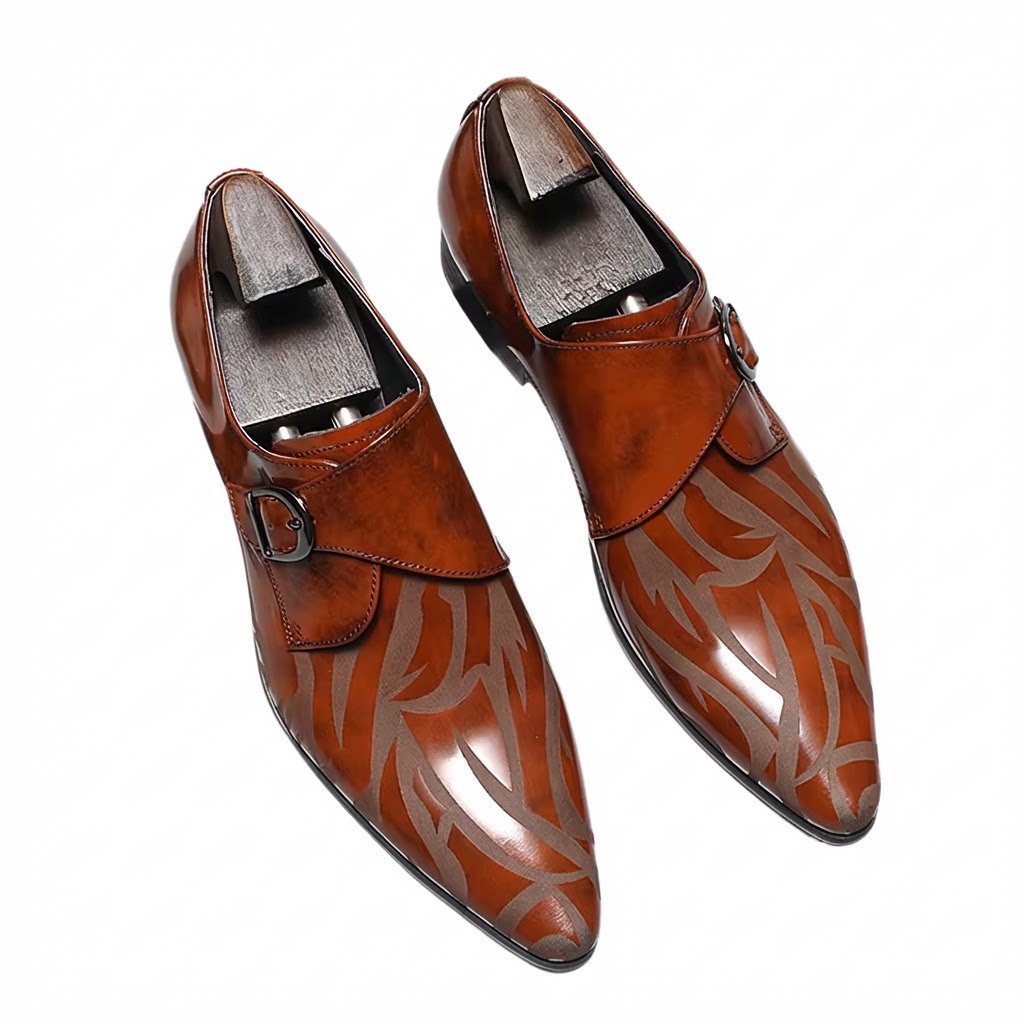 Stylish brown leather single monk strap dress shoes featuring a durable rubber sole for wedding events.