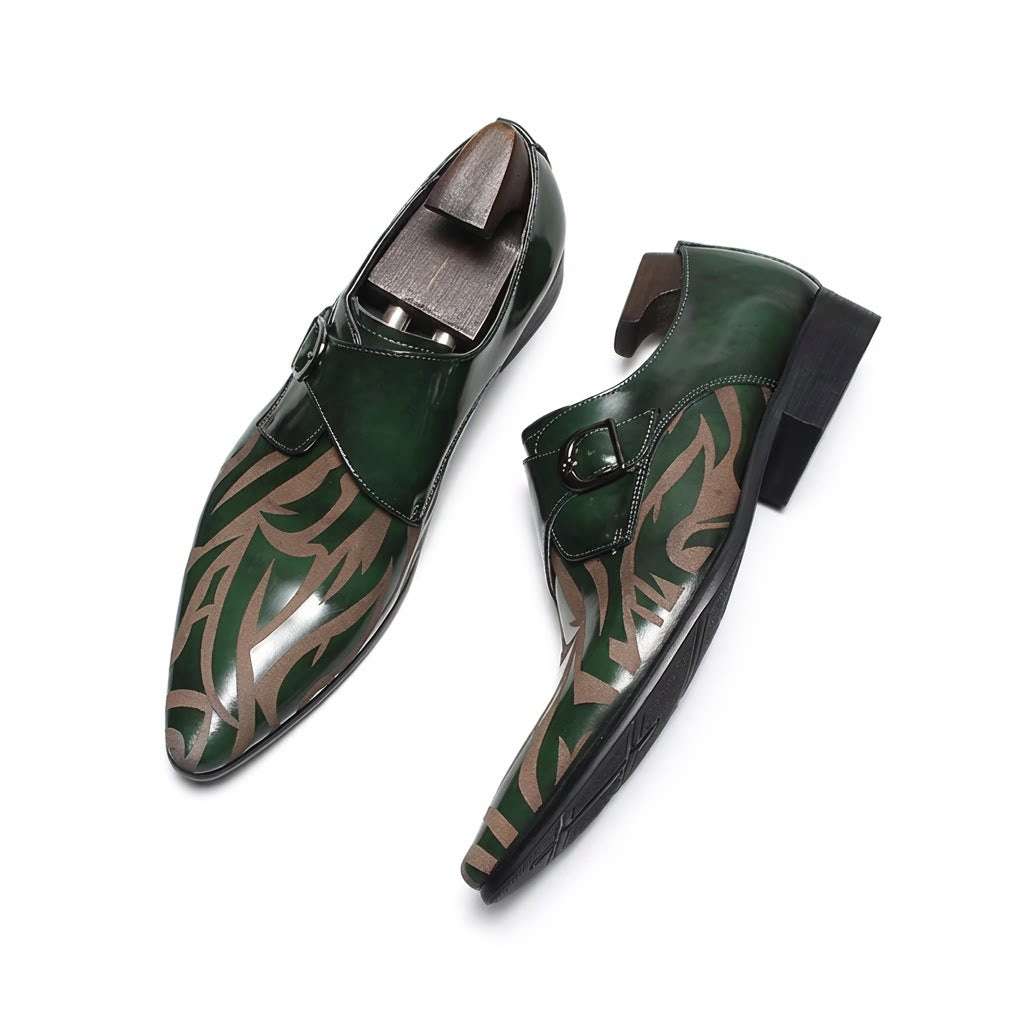 Unique dark green genuine leather monk strap shoes for men, combining classic style with modern color.