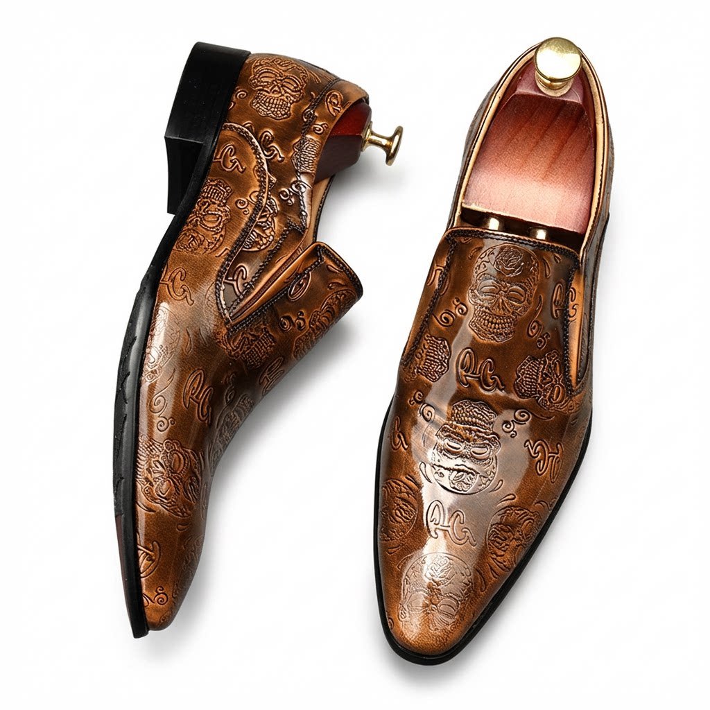 Men's Skull Embossed Dress Shoes: Stylish Pointed Toe Wedding Loafersyes