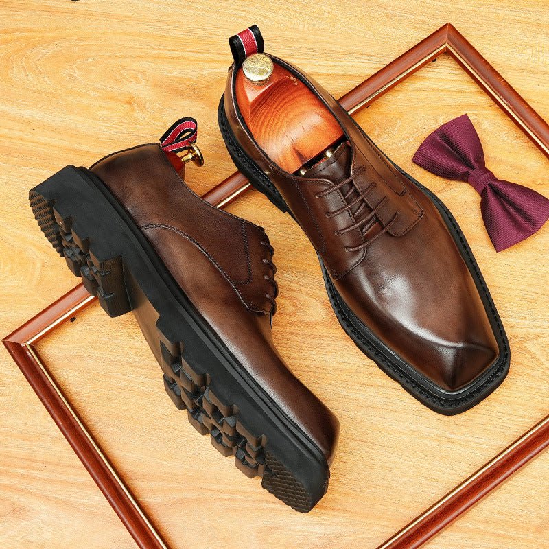 Men's Square Toe Derby Shoes: Chunky Sole Leather Dress Shoes
