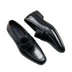 Men's square-toe slip-on dress shoes in black leather, smooth vamp and side stitching