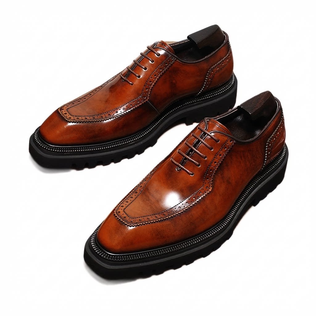 Men's brown leather wingtip brogue oxford shoes with chunky lug sole