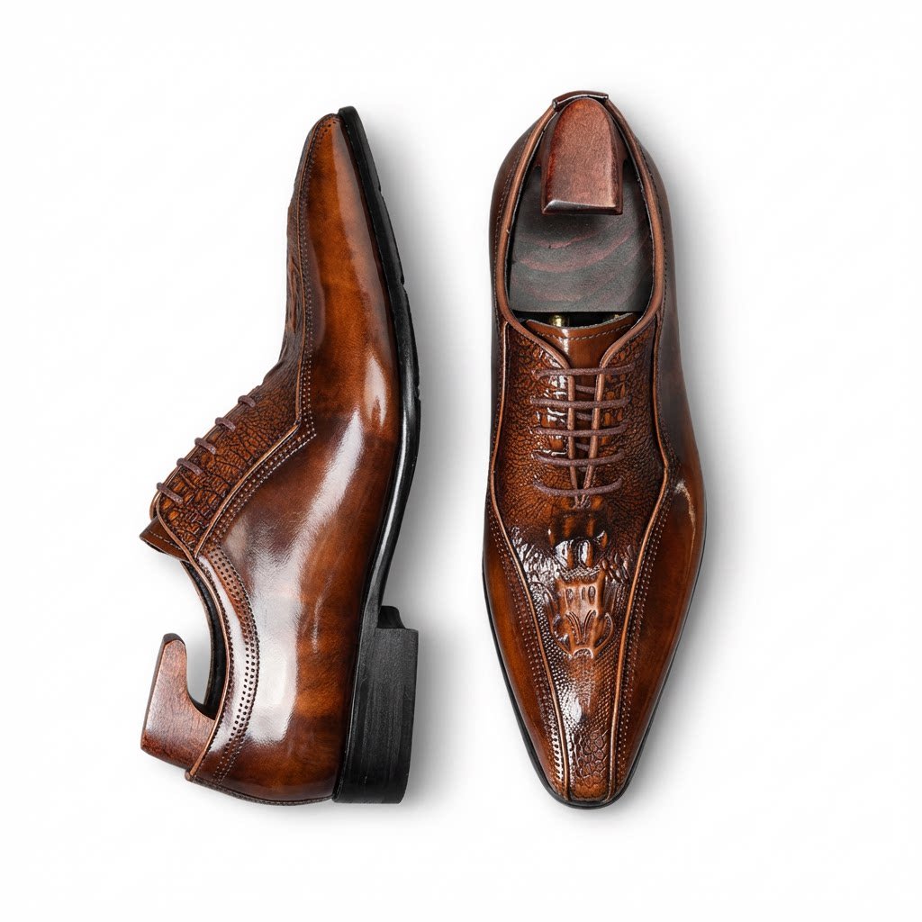 Men's brown textured ridge leather oxford dress shoes with pointed toe