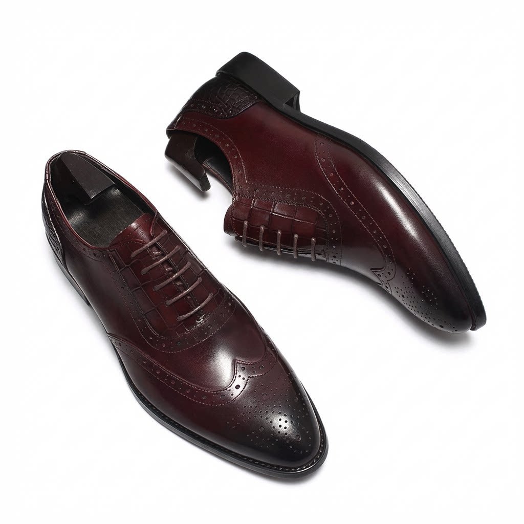 Men's Burgundy Wingtip Brogue Oxford Genuine Leather Dress Shoes Front View