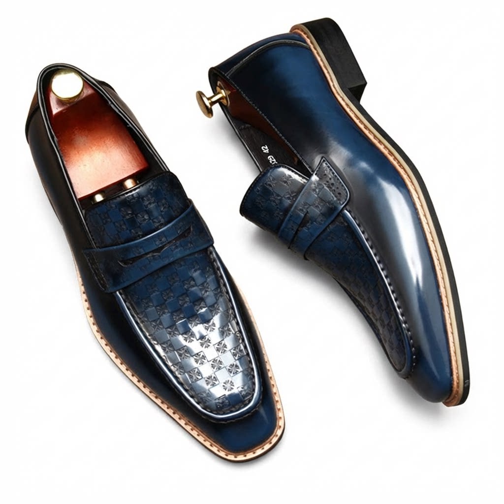 Men's blue geometric embossed leather penny loafers dress shoes