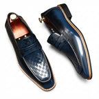Men's blue geometric embossed leather penny loafers dress shoes