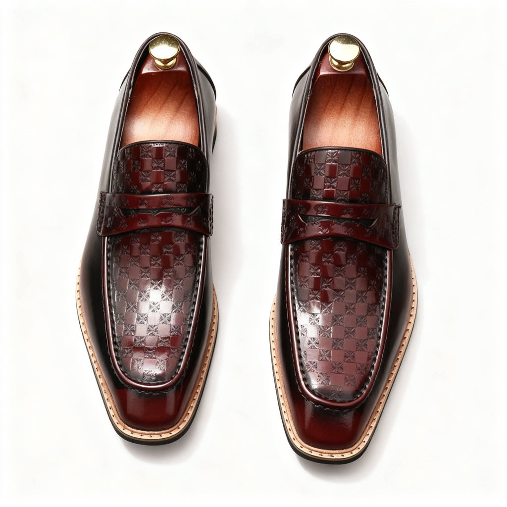 Men's burgundy geometric embossed leather penny loafers dress shoes