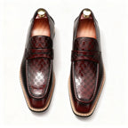 Men's burgundy geometric embossed leather penny loafers dress shoes