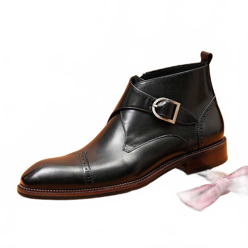 Black Men's Side-Zip Genuine Leather Dress Boots with Decorative Buckle