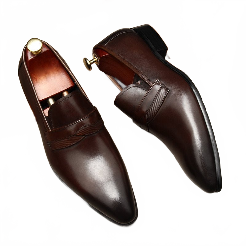 Dark Brown Pointed Toe Leather Loafers for Executive Business Professionals