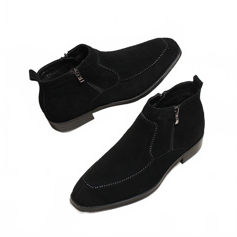 Black Men's Double Zip Genuine Suede Leather Ankle Dress Boots