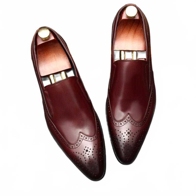 Sophisticated Burgundy Pointed Toe Brogue Leather Loafers for Men - Wedding Wear