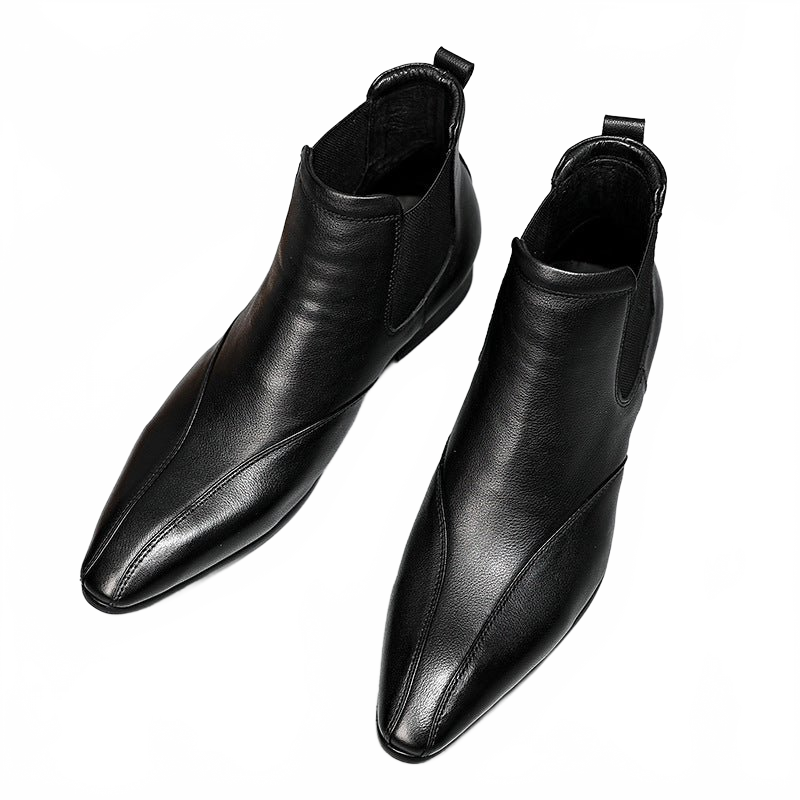 Black Men's Genuine Leather Slip-On Chelsea Ankle Dress Boots