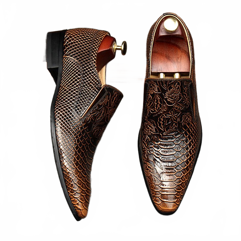 Rich Brown Crocodile Embossed Leather Loafers for Business and Weddings