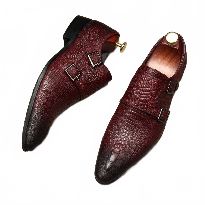 Sophisticated Burgundy Crocodile Pattern Genuine Leather Double Monk Strap Dress Shoes