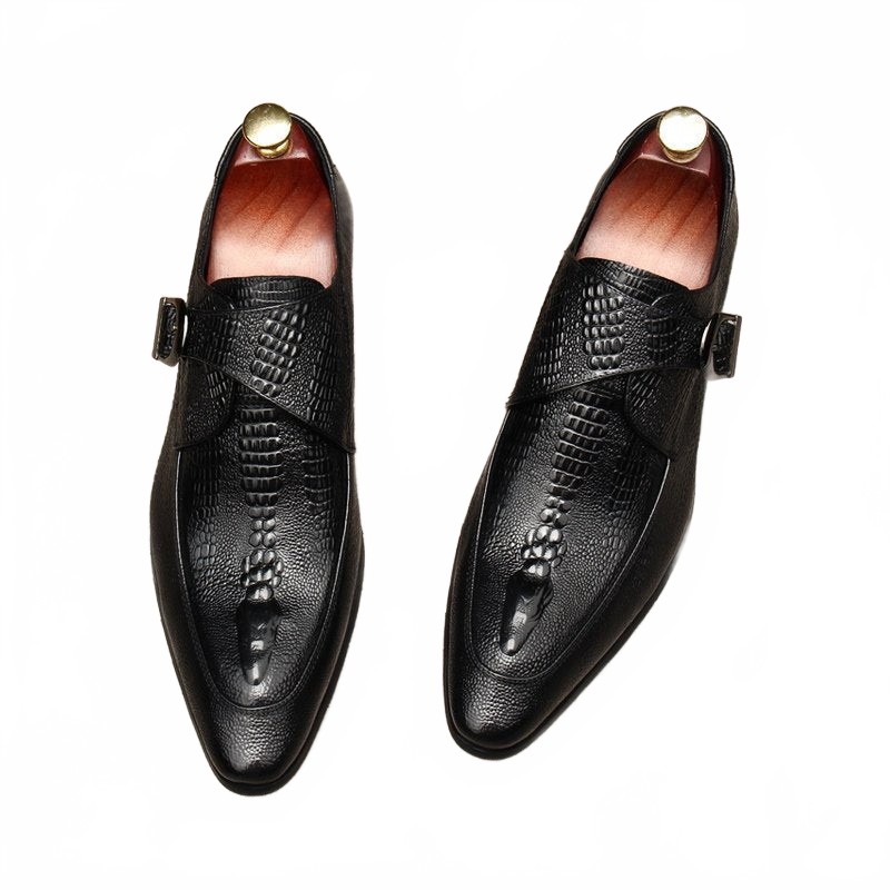 Black Men's Crocodile Pattern Real Leather Monk Strap Shoes for Business