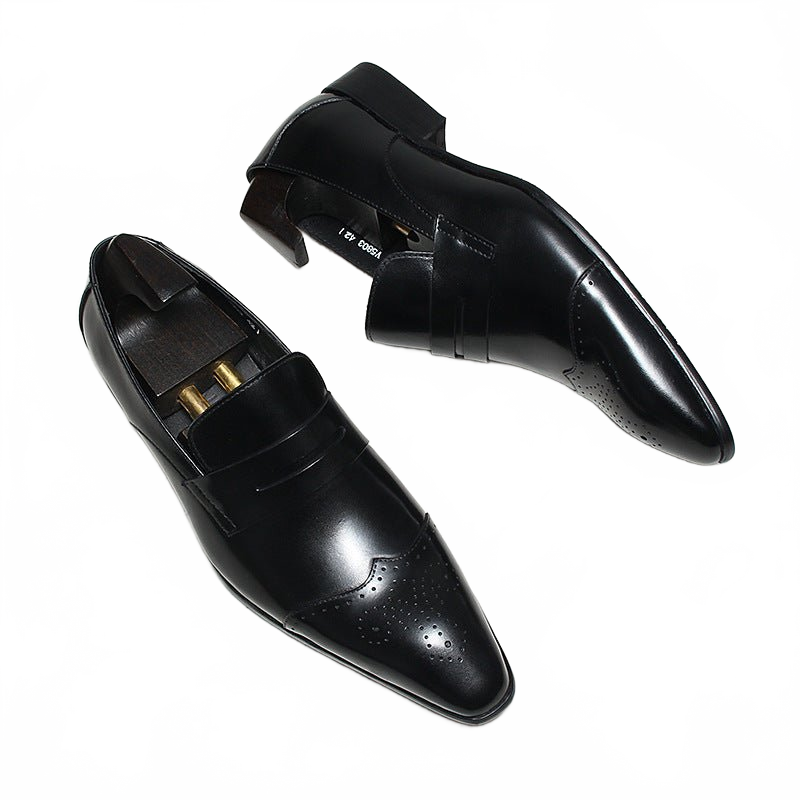 Black Pointed Toe Brogue Genuine Leather Formal Loafers for Men