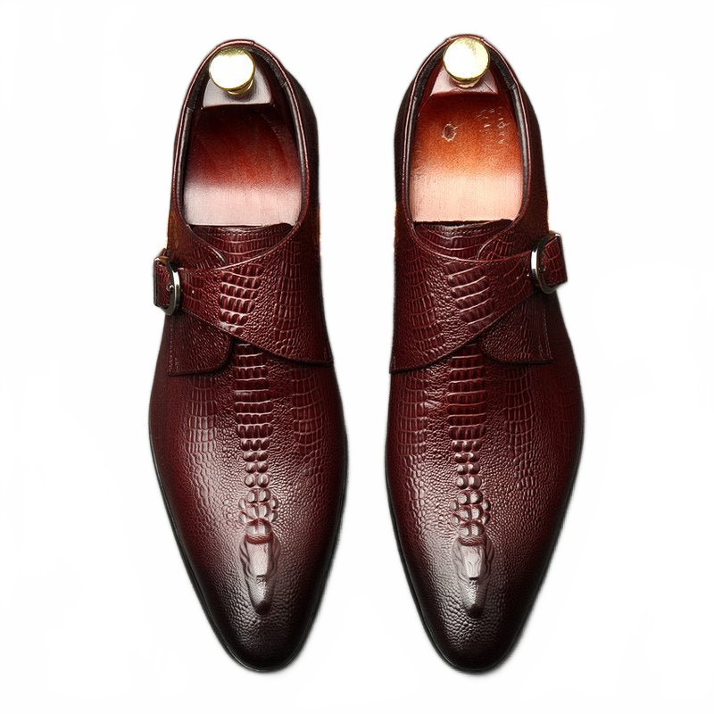 Sophisticated Burgundy Crocodile Pattern Genuine Leather Single Monk Strap Dress Shoes