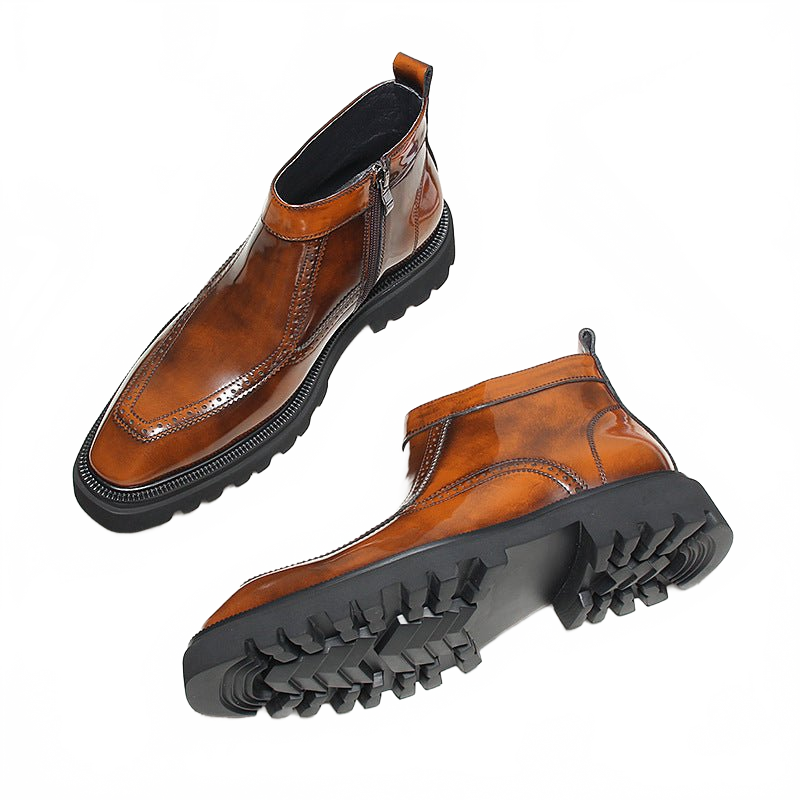 Rich Cocoa Brown Thick-Soled Leather Zip-Up Ankle Boots for Business