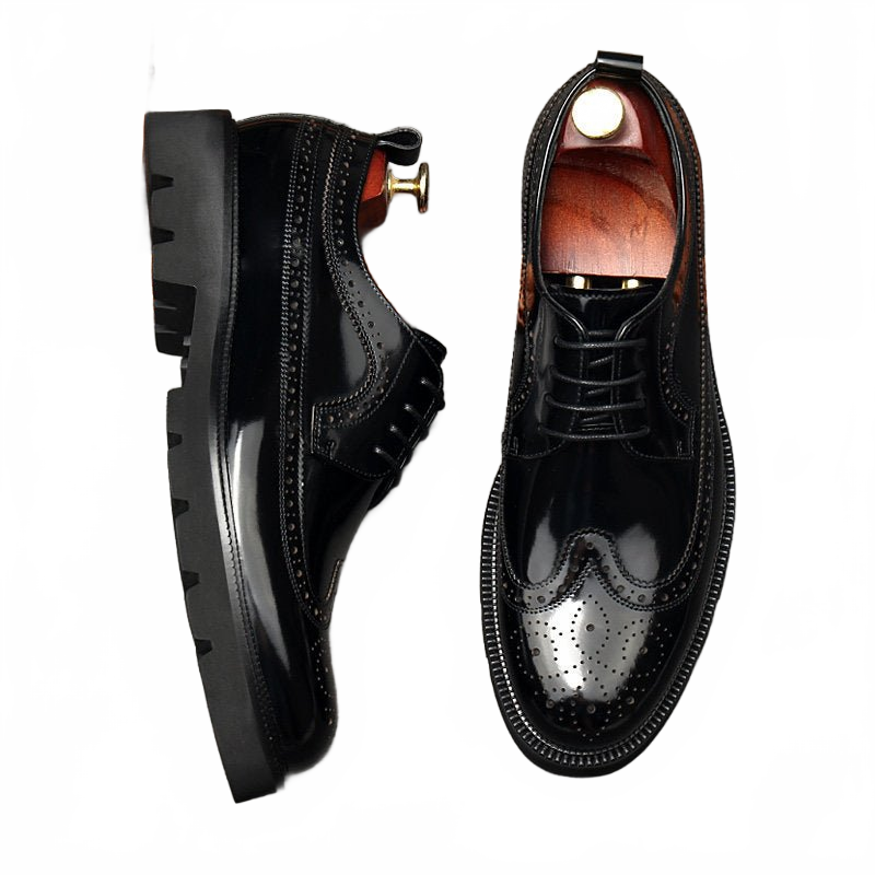 Black Thick Sole Brogue Genuine Leather Derby Dress Shoes for Men