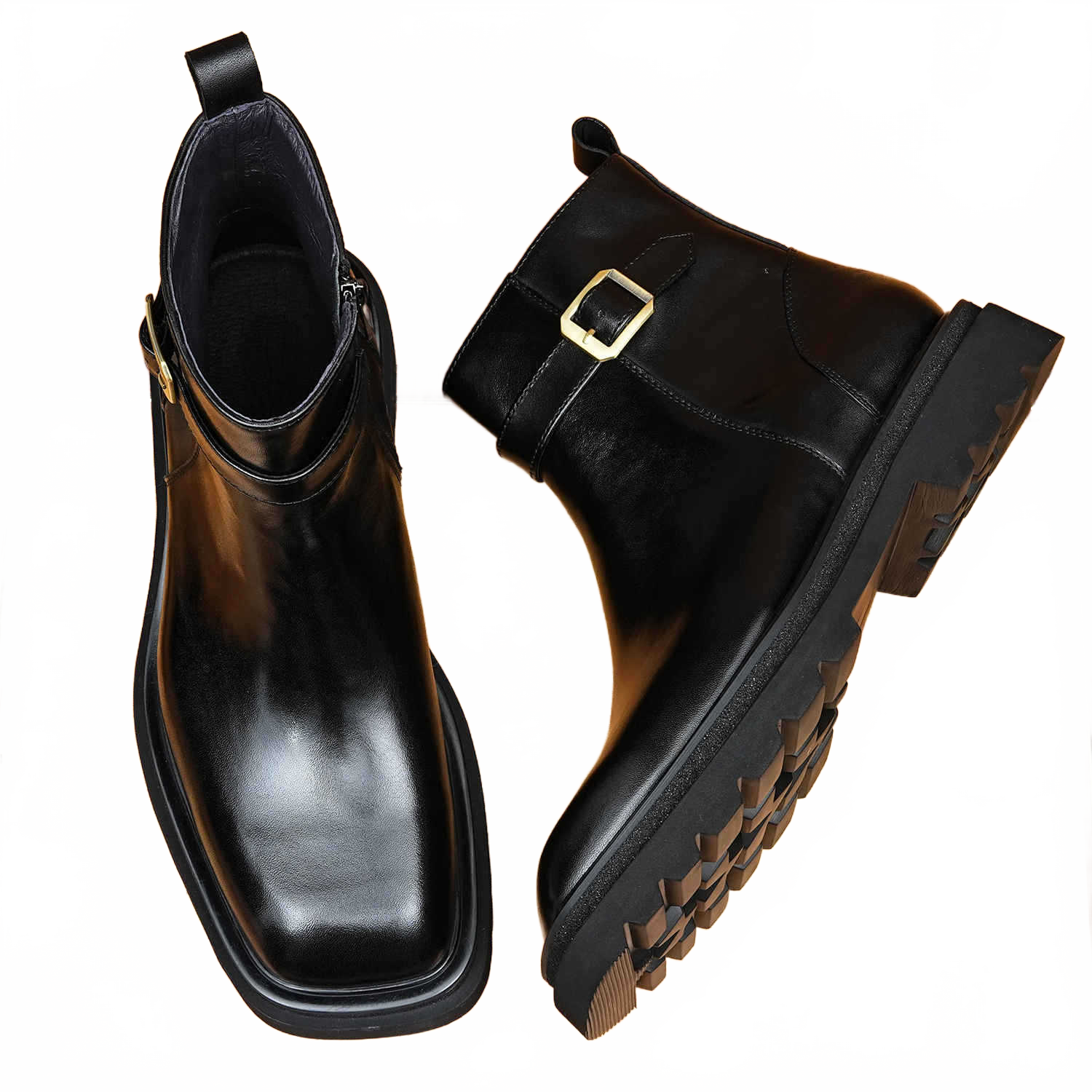 Men's Midnight Black Square Toe Leather Dress Boots with Side Zipper and Buckle