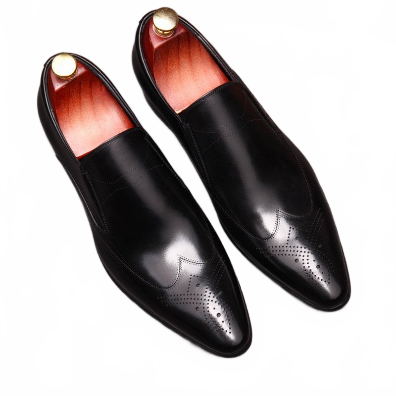 Black Men's Brogue Real Leather Slip-on Dress Shoes for Business Professionals