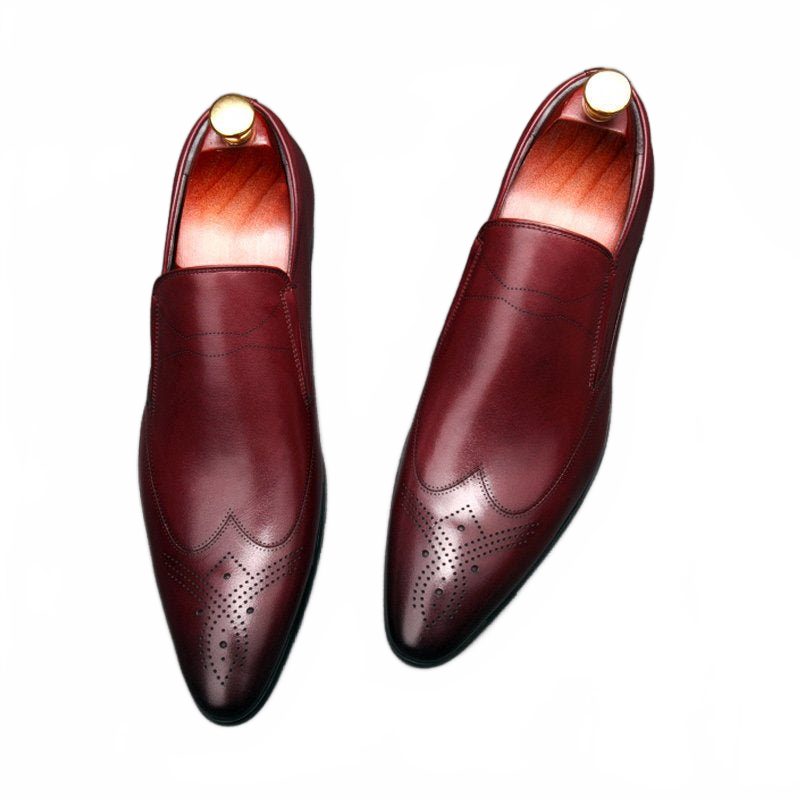 Sophisticated Burgundy Pointed Toe Brogue Leather Loafers for Men - Wedding Attire