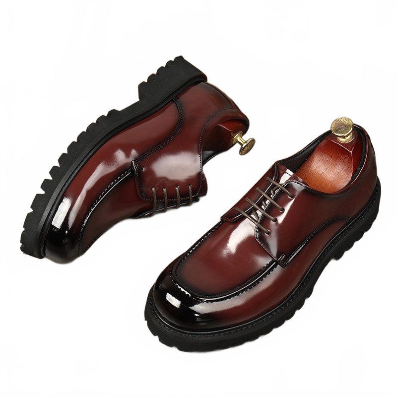 Burgundy Thick Sole Round Toe Genuine Leather Derby Dress Shoes