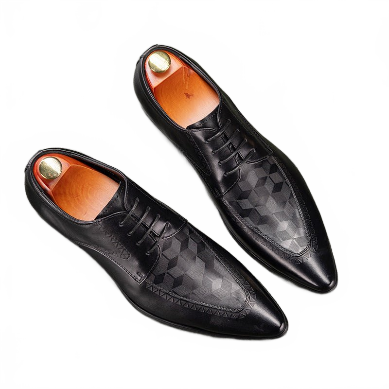Black Checkered Leather Pointed Toe Derby Dress Shoes for Men