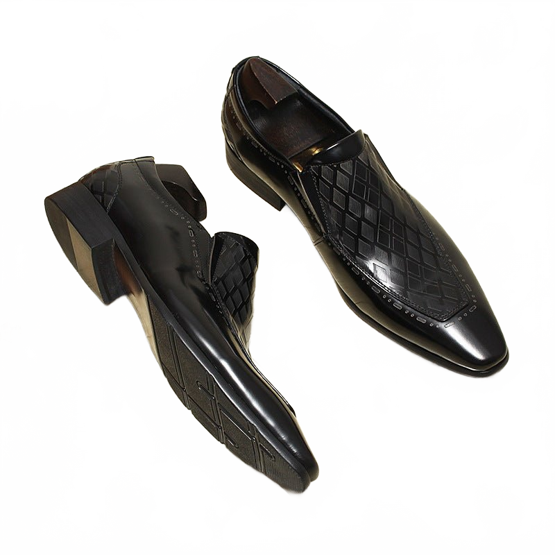 Black Men's Checkered Pattern Genuine Leather Pointed Toe Penny Loafers