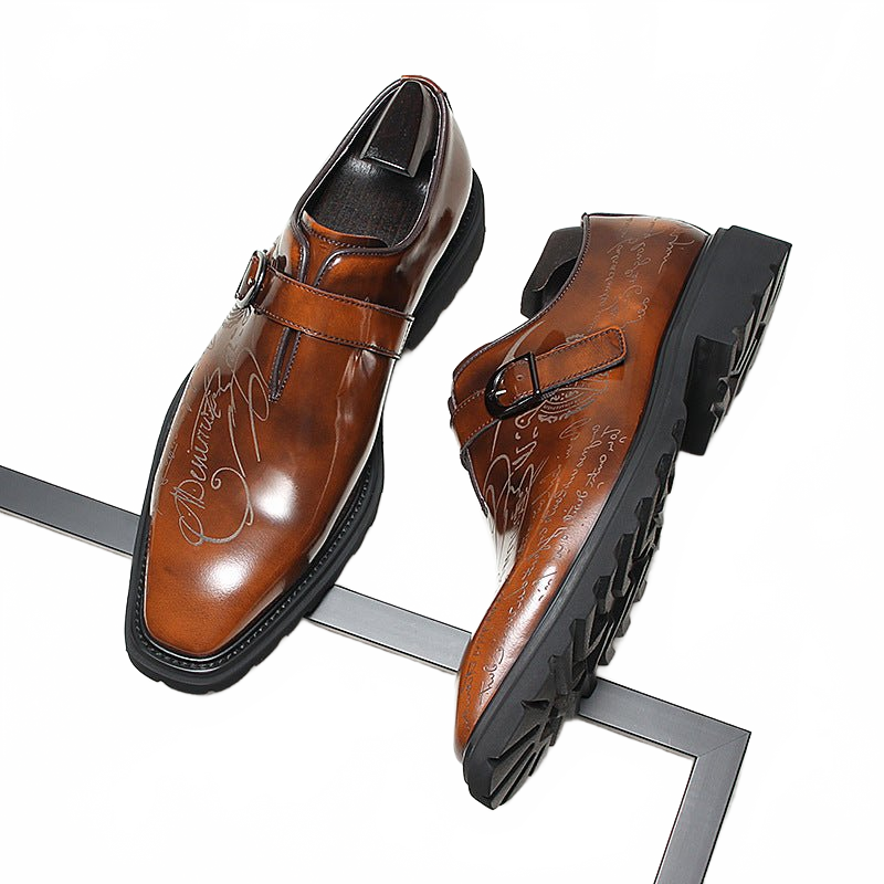 Rich Brown Thick Sole Leather Monk Strap Shoes for Grooms and Parties