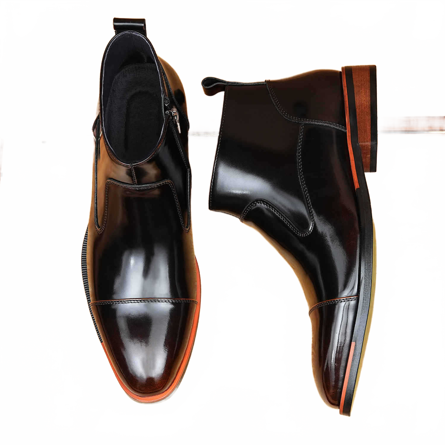 Deep Espresso Brown Cap Toe Leather Side-Zip Naked Boots for Business Formal