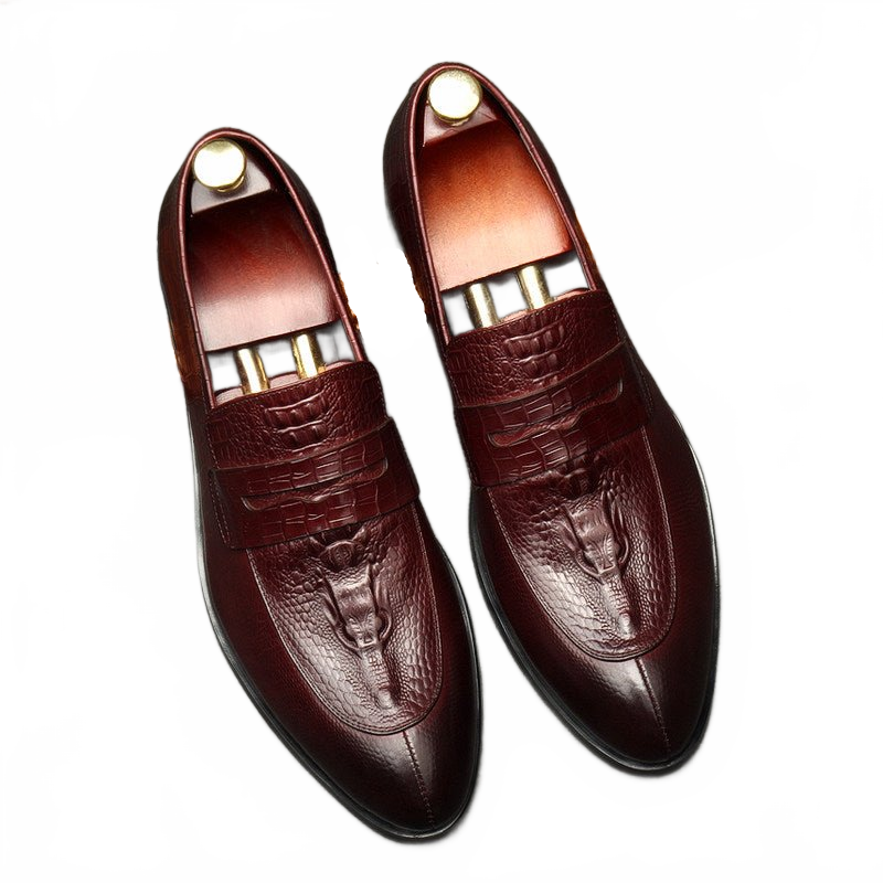 Sophisticated Burgundy Crocodile Pattern Genuine Leather Formal Loafers for Men