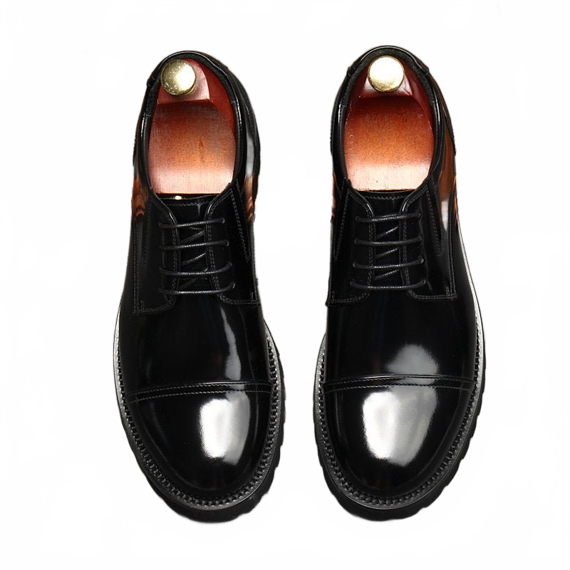 Black Thick Sole Round Toe Genuine Leather Derby Dress Shoes for Men