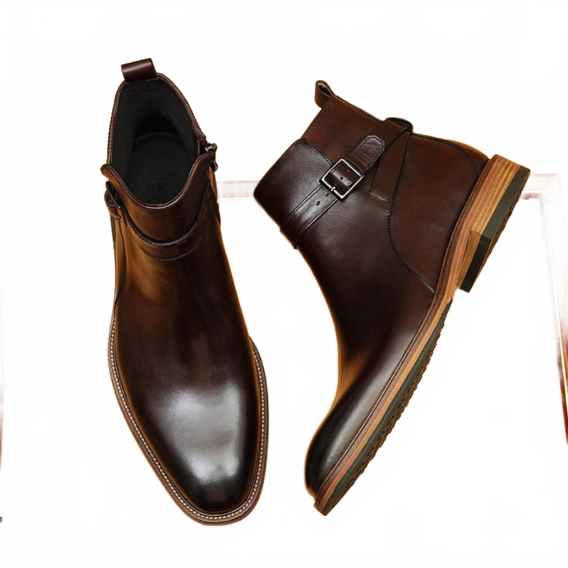 Deep Espresso Brown Leather Ankle Boots showing Buckle Detail and Rubber Sole