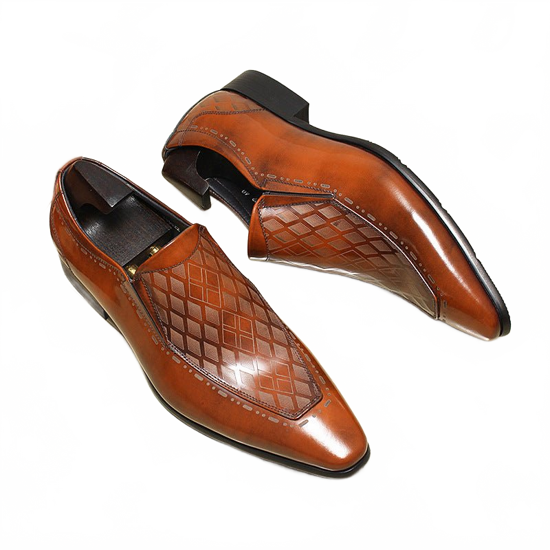 Rich Brown Checkered Embossed Leather Penny Loafers for Business and Weddings