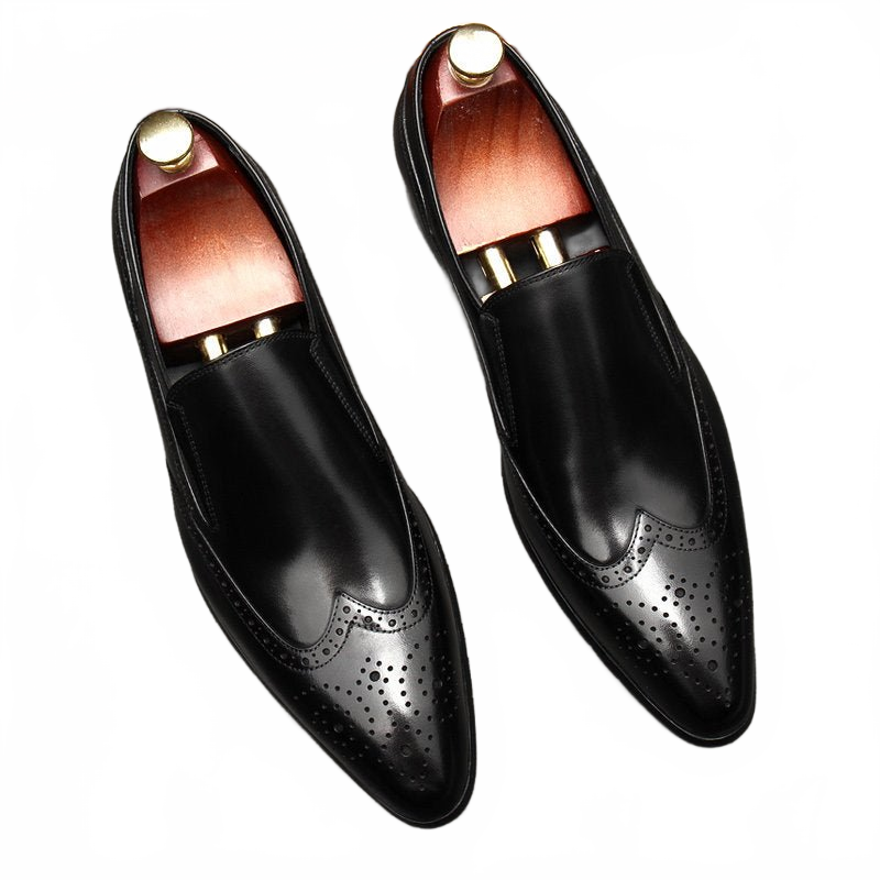 Black Men's Brogue Real Leather Slip-on Dress Shoes for Business Professionals