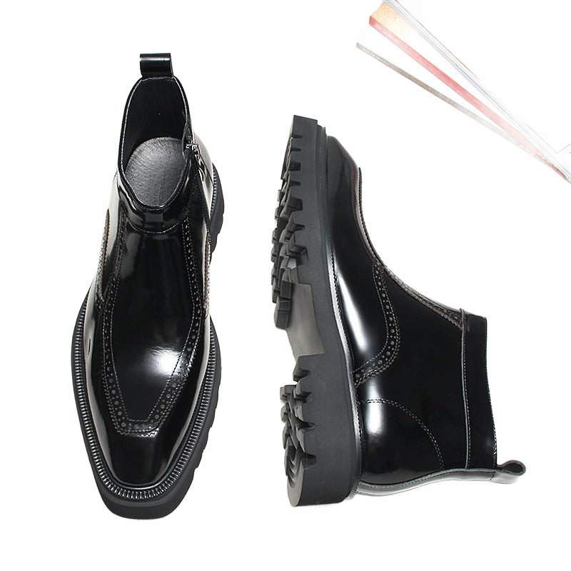Black Men's Thick-Soled Genuine Leather Zip-Up Chelsea Ankle Dress Boots
