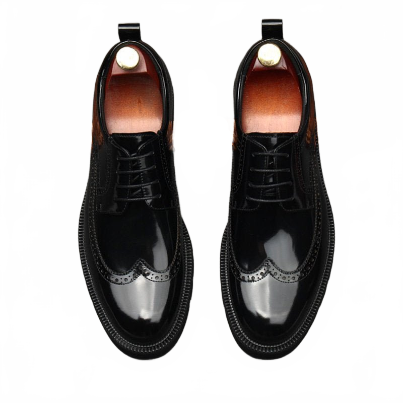 Black Thick Sole Brogue Genuine Leather Derby Dress Shoes for Men
