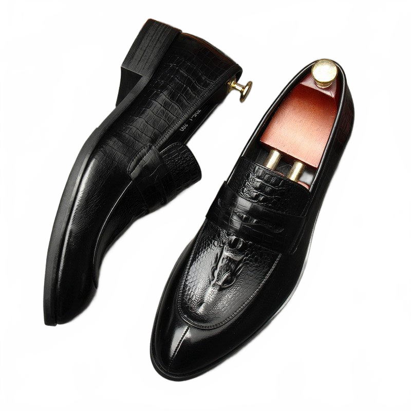 Black Men's Crocodile Pattern Real Leather Slip-On Dress Shoes for Business Professionals
