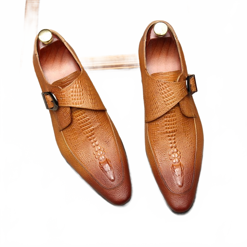 Rich Brown Crocodile Leather Monk Strap Shoes for Grooms and Parties