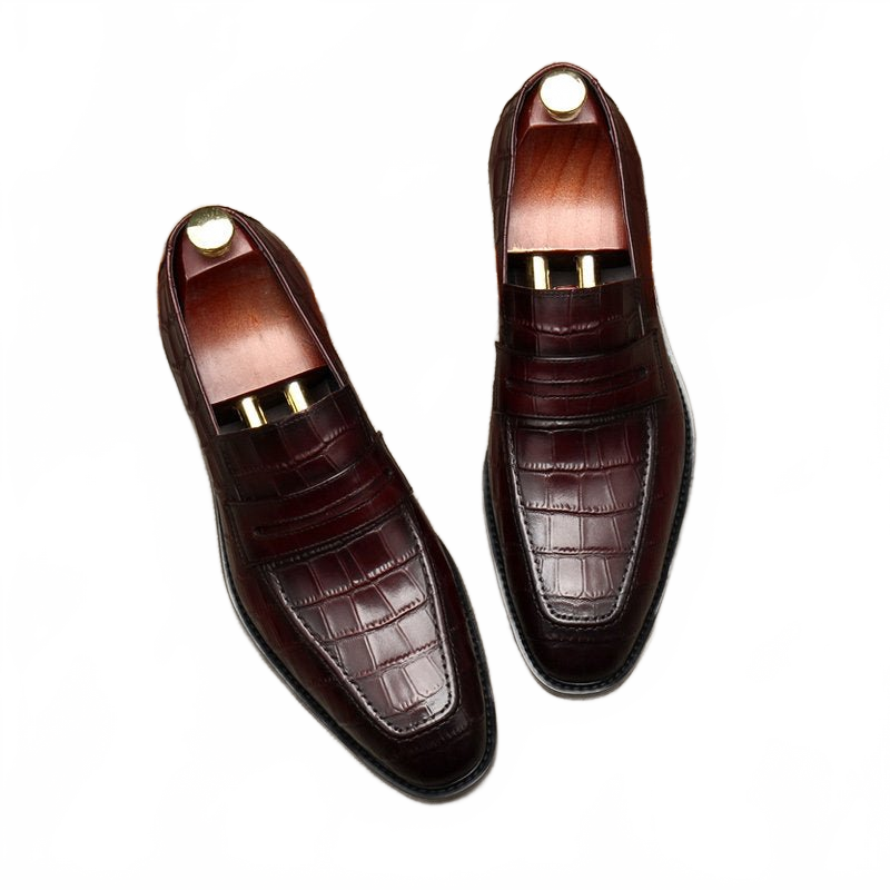 Sophisticated Burgundy Crocodile Pattern Genuine Leather Formal Loafers for Men