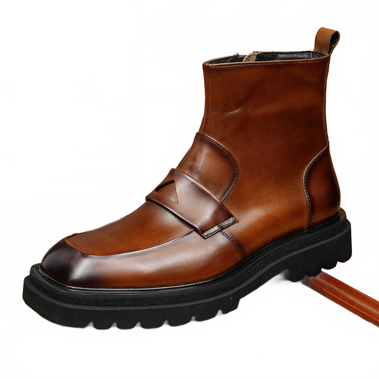 Rich Mahogany Brown Leather Square Toe Boots showing Symmetrical Top Zipper