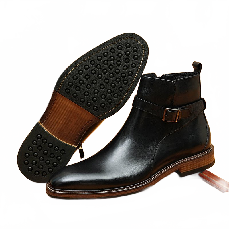 Black Men's Side-Zip Genuine Leather Dress Boots with Decorative Buckle