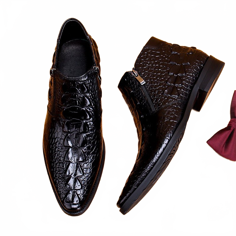 Black Men's Crocodile Embossed Real Leather Double Side-Zip Boots for Business