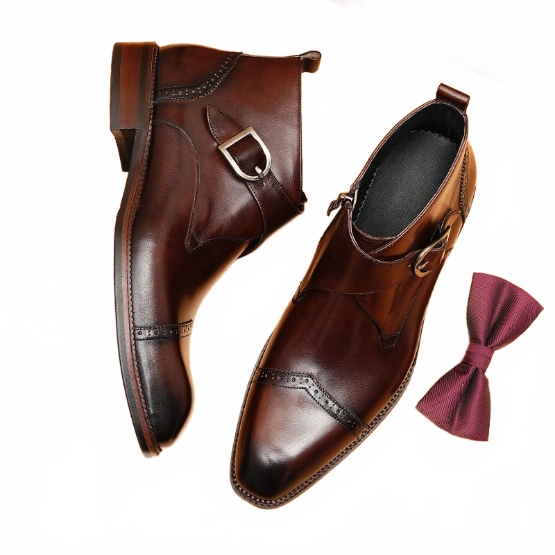 Deep Espresso Brown Leather Ankle Boots showing Buckle Detail and Rubber Sole