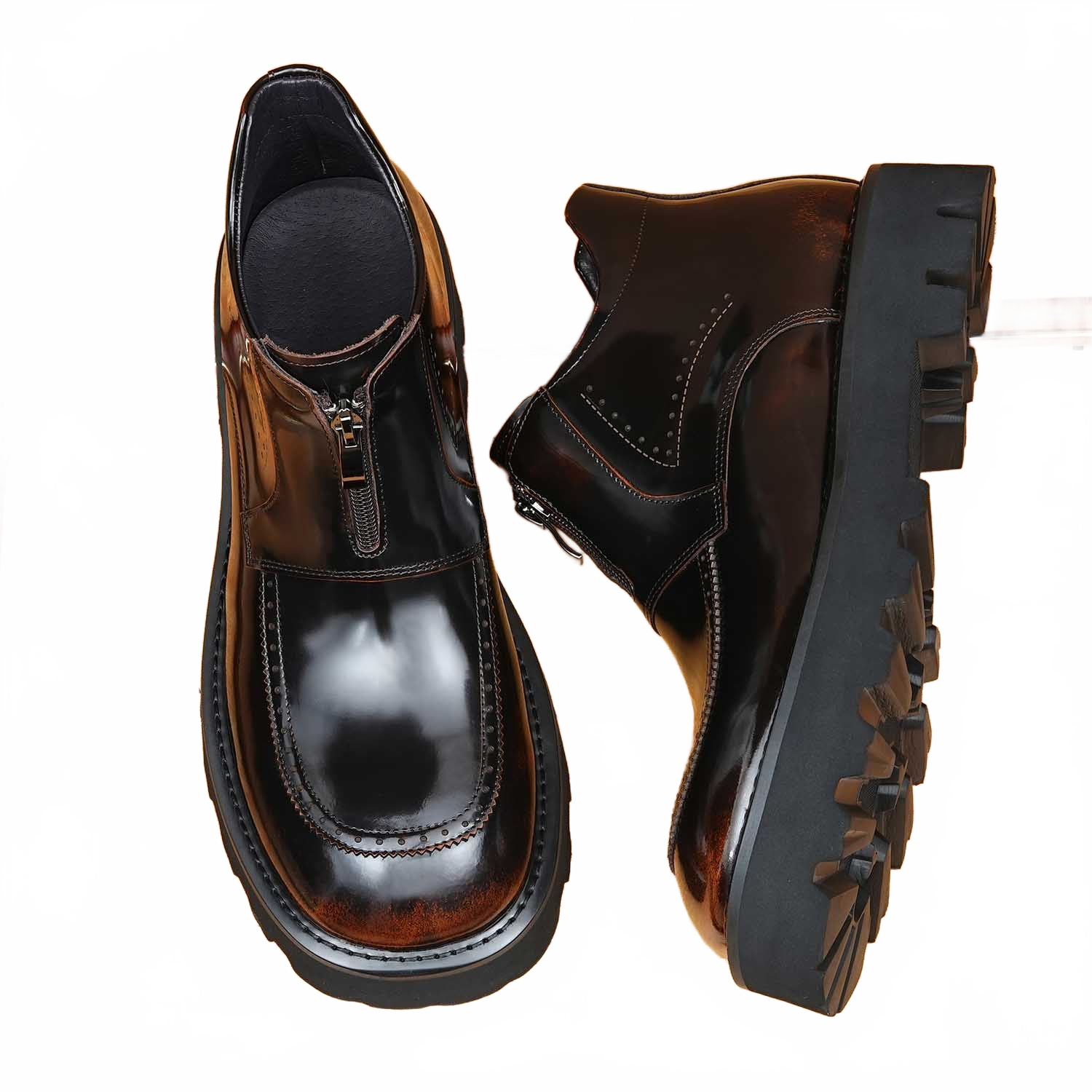 Deep Espresso Brown Leather Side-Zip Naked Boots showing Thick Sole Elevation and Round Toe
